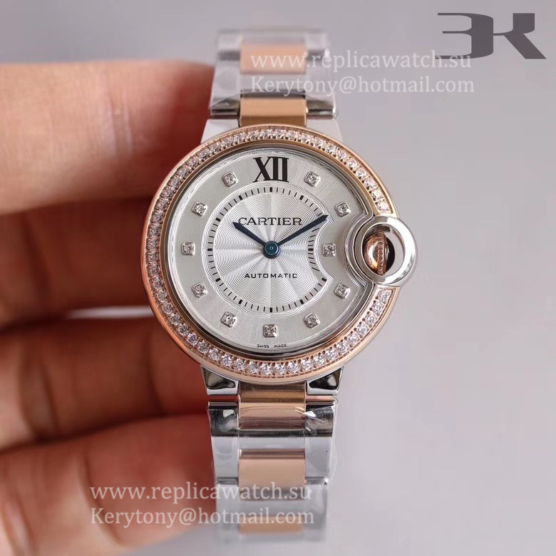 Best Price Ca*t1er Ballon Bleu 28mm / 33mm / 36mm 3KF SS & Rose Gold Silver Dial Quartz / NH05A Size 28mm